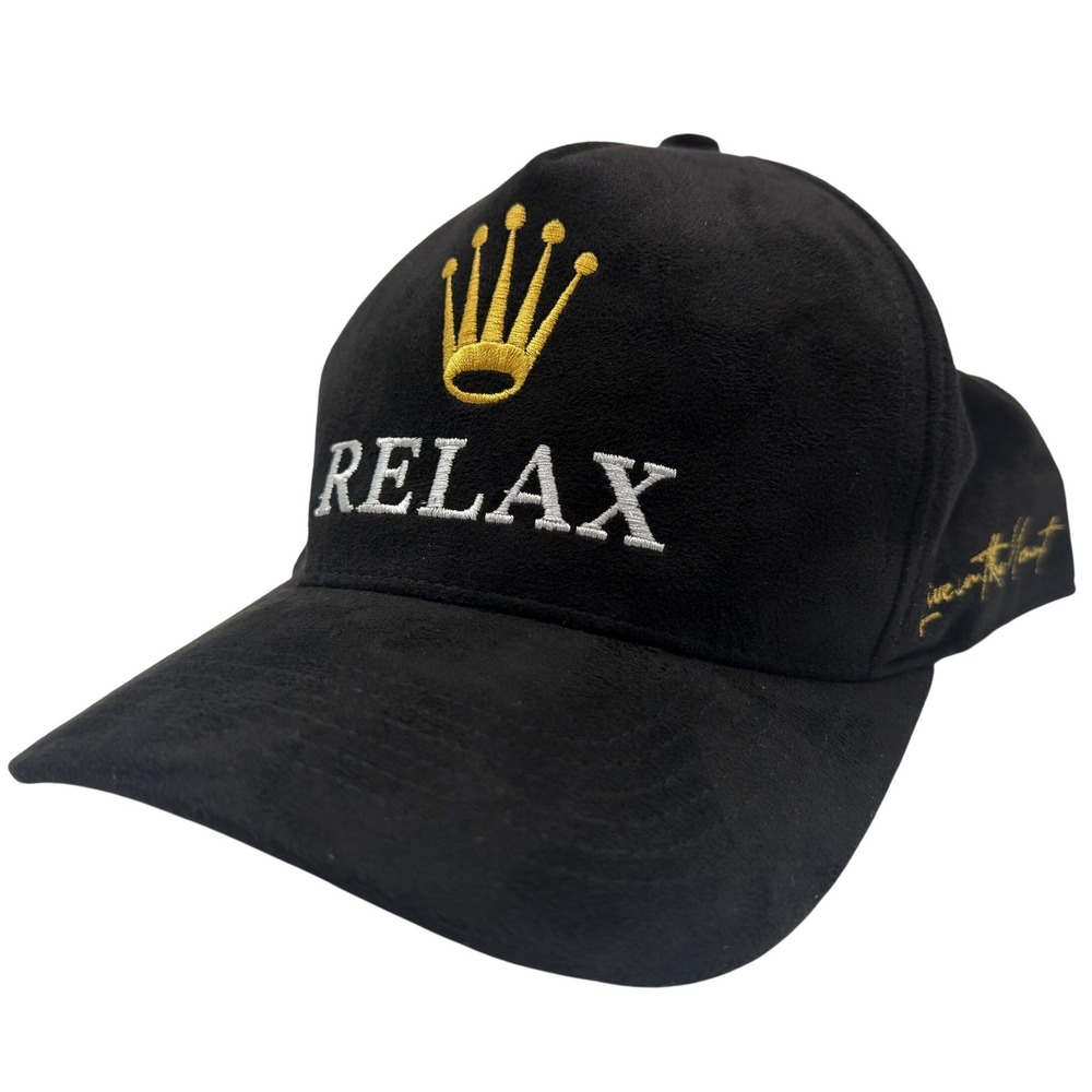 Relax Crown Parody Snapback Hat Black Faux Suede Live in the Moment Cap
